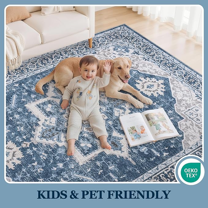 9x12 Washable Area Rugs for Living Room Blue Non-Slip Rug | Vintage Medallion Rug，Soft Low Pile Large Rugs，Indoor Retro Carpet for Bedroom Nursery Dining Table Farmhouse Home Office