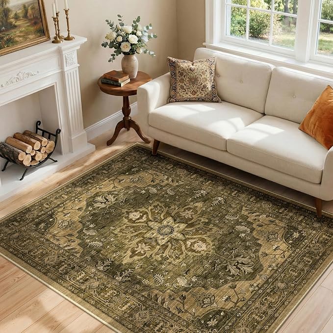 RELEANY Washable Area Rug, 4'x6', Brown/Dark Brown | Non-Slip, Water Repellent, Pet Friendly, Easy to Clean, Vintage Floral Boho Decor for Living Room Bedroom Kitchen Office