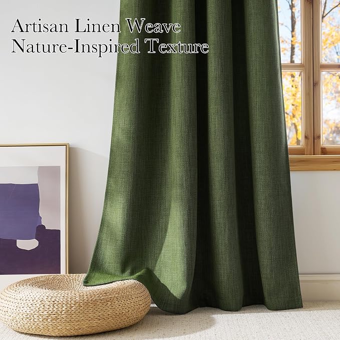 NICETOWN Froest Green Faux Linen Room Darkening Rod Pocket Curtains 63 inch Length, W42 x L63, Light Blocking Thermal Insulated Noise Reducing Drapes for Bedroom Living Room Farmhouse Decor, 2 Panels