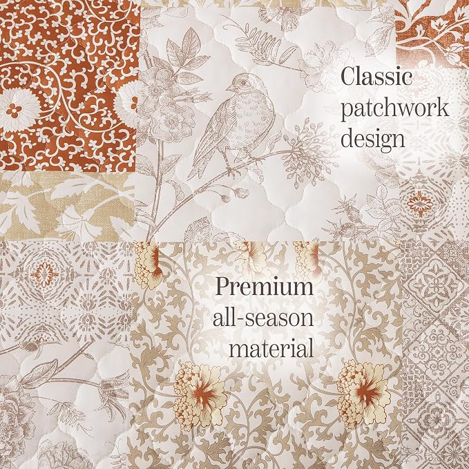 Queen Quilt Set-3 Pieces Soft Bedding Lightweight Floral Patchwork Coverlet | All Seasons Quilts Queen Size for Bed, 1 Quilt (90" x 94") and 2 Shams (20" x 26"), Vintage Bedspread, Terracotta