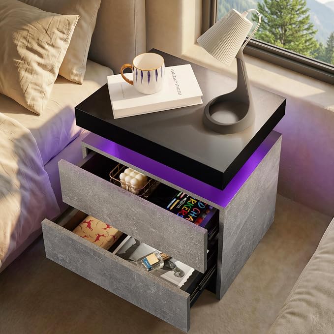 i-aplus Gray Modern LED Nightstand Set of 2 with 2 Wood Drawer for Bedroom | Nightstands with App-Controlled RGB LED Lights, Night Stand with Storgae Drawer, Modern Bedside Table for Bedroom