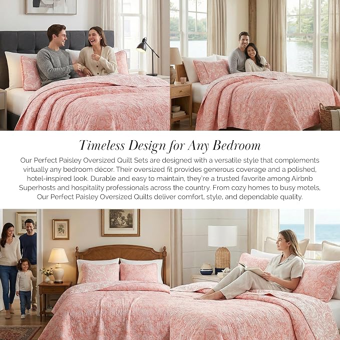 Southshore Fine Living, Inc. Paisley Quilt Queen Size Bedding Set, Summer Coverlet, Boho Bedspread, 3-Piece Farmhouse Bedding with Two Matching Pillow Shams, Full/Queen Bed Set, Reversible Coral