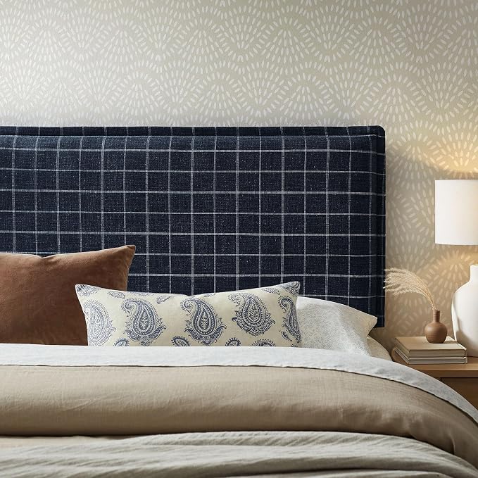 Modway Camille King Size Checkered Linen Blend Plaid Headboard with Removable Slipcover – in Denim Windowpane Check - Padded Pillow Style Headboard with Adjustable Mounting for King Beds