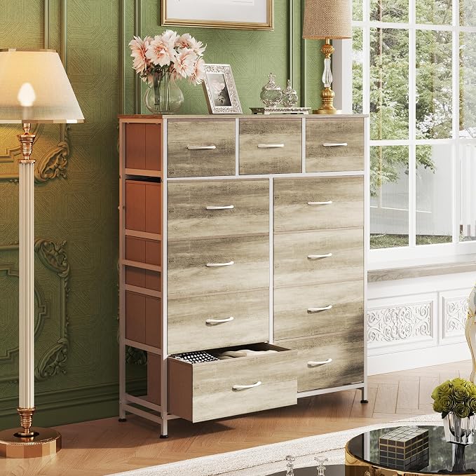 WLIVE Tall Dresser for Bedroom, 11 Drawer Chest of Drawers, Greige | 11 fabric storage drawers, Tall high-capacity design, Bedroom or dorm use, Sturdy steel frame, Smooth wood tabletop