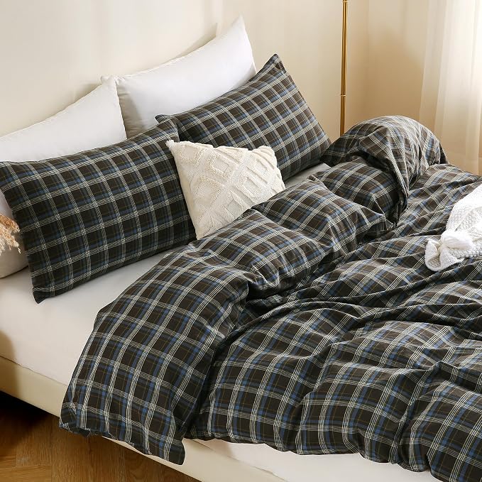 TOCOMOA Buffalo Plaid Duvet Cover Set 100% Washed Cotton Like Linen, Queen | Linen-Like Feel Soft, Breathable & Comfy for All Season. Brown Blue Bedding Set with Zipper & 8 Ties. 3 Pcs, No Insert