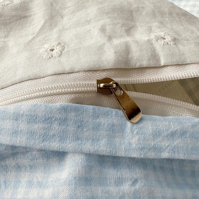 mixinni Blue White Gingham Duvet Cover Twin XL Size - 3 Piece Cottagecore Plaid Bedding Set with Lace Trim, Soft Washed Microfiber Vintage Aesthetic Grid Comforter Cover & Pillow Shams