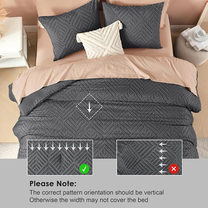 Litanika Oversized King Comforter Set, 3 Pcs Tufted Boho Bedding Set | Dark Grey Farmhouse Shabby Chic Vintage Bohemian Textured Aesthetic Soft Fluffy Lightweight Breathable All Season Bed Set