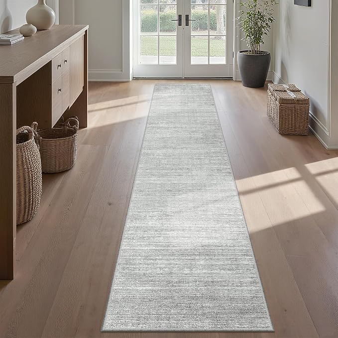 2x12 Runner Rug Non Slip, Washable Rug Runners for Hallways, Grey | Soft Low Pile, Thin & Lighweight Carpet, Folable Stain Resistant Modern Indoor 12ft Floor Mat for Living Room,Bedroom,Kitchen