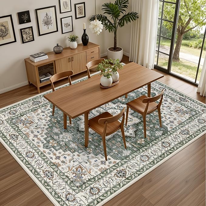 6x9 Area Rugs Living Room: Washable Rug for Bedroom Green Ivory | Boho No Slip Stain Resistant Rug Soft Indoor Decor Floor Floral 6x9 Area Rugs for Dining Room, Nursery, Hallway, Home Office