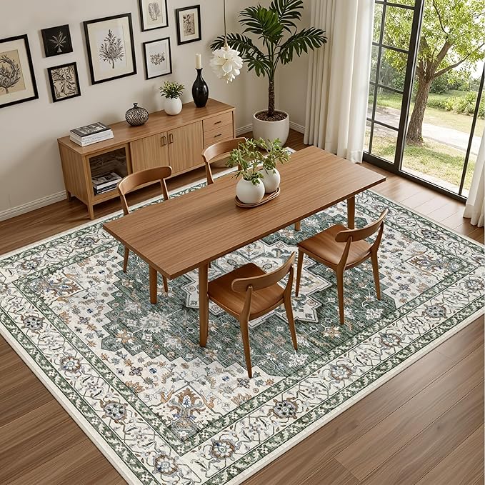10x12 Area Rugs Living Room: Washable Rug for Bedroom Green Ivory | Vintage No Slip Stain Resistant Rug Soft Indoor Decor Floor Floral Area Rugs for Dining Room, Nursery, Hallway, Home Office