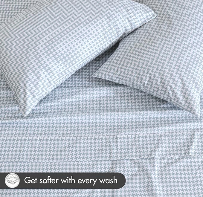 RUVANTI 100% Cotton Percale Sheets Full Size, Houndstooth | Crisp Cooling, Deep Pocket 16", Soft Breathable & Durable, Hotel-Style, 4 Piece Set