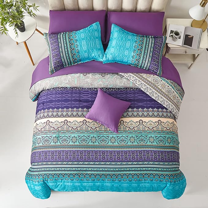 Cottolester Boho Comforter Set Queen Size 8 Piece Bed in a Bag Bohemian Striped Bedding Quilt Set Aqua Paisley Floral Comforter and Sheet Set,Soft Microfiber Complete Bedding Sets for All Season