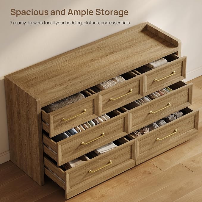 SICOTAS Dresser for Bedroom with 7 Drawers, 56.5" Wide Large Modern Dresser | Chest of Drawers for Living Room, Closet Clothes Storage Organizer Smooth Sliding Drawers, Brown Oak