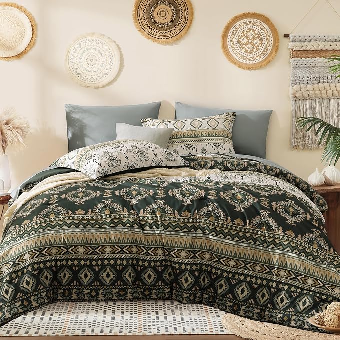King Size Comforter Set - 7 Pieces Boho Bedding Set Aztec Bed in a Bag | Southwestern Bedding, All Season Tribal Bed Set with Comforter, Sheets, Pillowcases & Shams, Dark Green