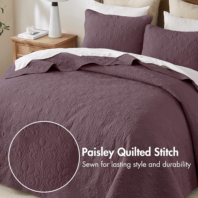 Madison Park King Quilt Bedding Set, Cottage-Inspired Damask, 3PC | All Season Quilted Coverlet, Classic Stitch Pattern Bedspread & Shams, Ultra Soft Microfiber Bedspread Set, Purple
