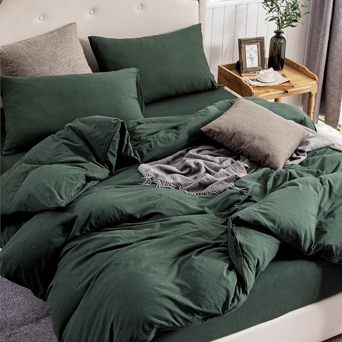 PURE ERA Jersey Knit Sheet Set Solid Forest Green California King | 100% Cotton, 3 Piece Set, T Shirt Soft, Breathable, Envelope Closure Pillowcases, Hidden Zipper, 8 Ties, No Insert, Modern