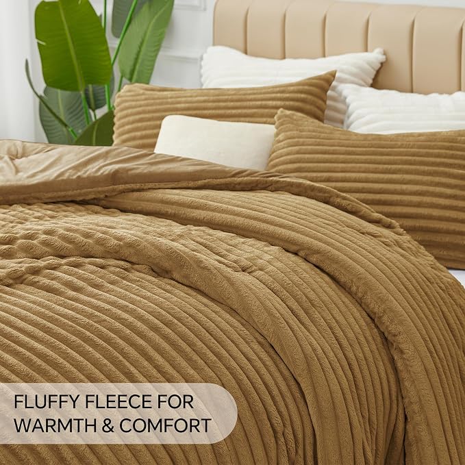BEDELITE Fleece King Comforter Set, Fluffy Bed Set, Brown | Super Soft & Warm Bedding, Luxury Fuzzy Faux Fur Comforter for Winter, Heavy Plush Bedding, with 2 Pillowcases