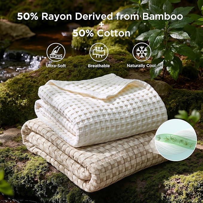 Bedsure Cooling Waffle Full Size Blanket - Lightweight Cotton Blanket for Hot Sleepers, Luxury Throws for Bed, Couch and Sofa, Khaki, 80x90 Inches