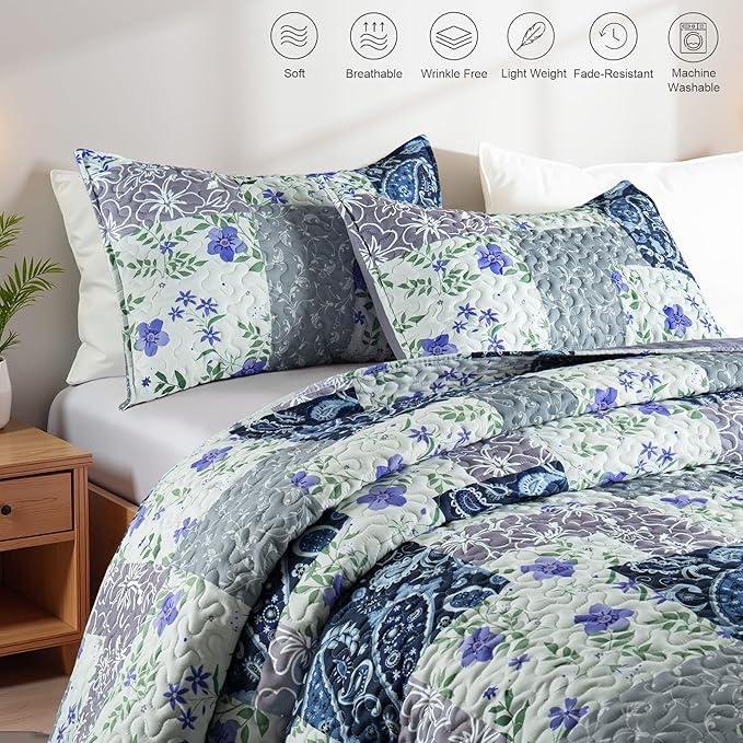 Whale Flotilla California King Size Quilt Set, Extra Soft Floral Bedspreads | Paisley Flowers Reversible Lightweight Oversized King Quilt Bedding Set, Printed Coverlet with 2 Pillow Shams for All Seasons