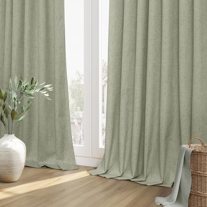 Sage Green 100% Blackout Curtains 80 Inch Length 2 Panels Set for Living Room Bedroom Back Tab Thermal Insulated Black Out Linen Drapes Room Darkening Window Curtains 80 Inches Long
