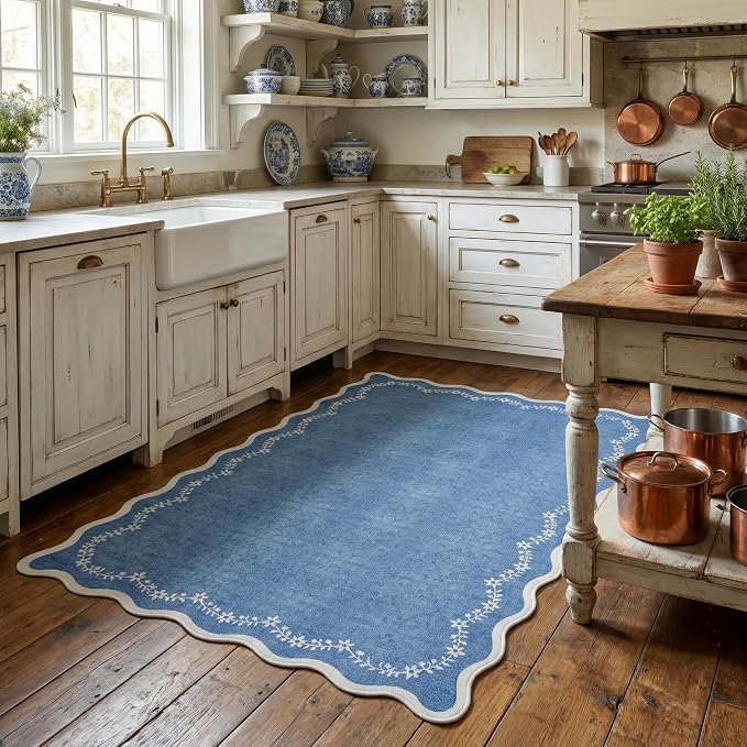 GarveeHome 3x5 Scalloped Washable Area Rug Non Slip Bedroom Entryway Rug | Soft Blue Kitchen Rug Low Pile Carpet Stain Resistant Throw Rug for Bedside Kids Room Office Dining Room