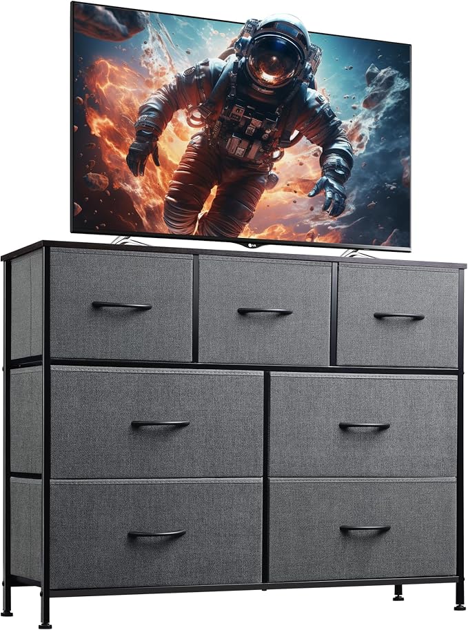 WLIVE Dresser for Bedroom, 7 Drawers, TV Stand, Dark Grey | 7 roomy fabric drawers, Fits TVs up to 45 inch, Bedroom or living room, Wide storage design, Chest of drawers