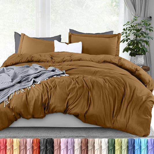 Duvet Cover Queen, 3 Piece Cotton Like Polyester With Zipper Closure, Mocha | Extra Soft and Breathable, Wrinkle & Fade Resistant, Includes Duvet Cover and 2 Pillow Shams, Comforter Not Included, OekoTex