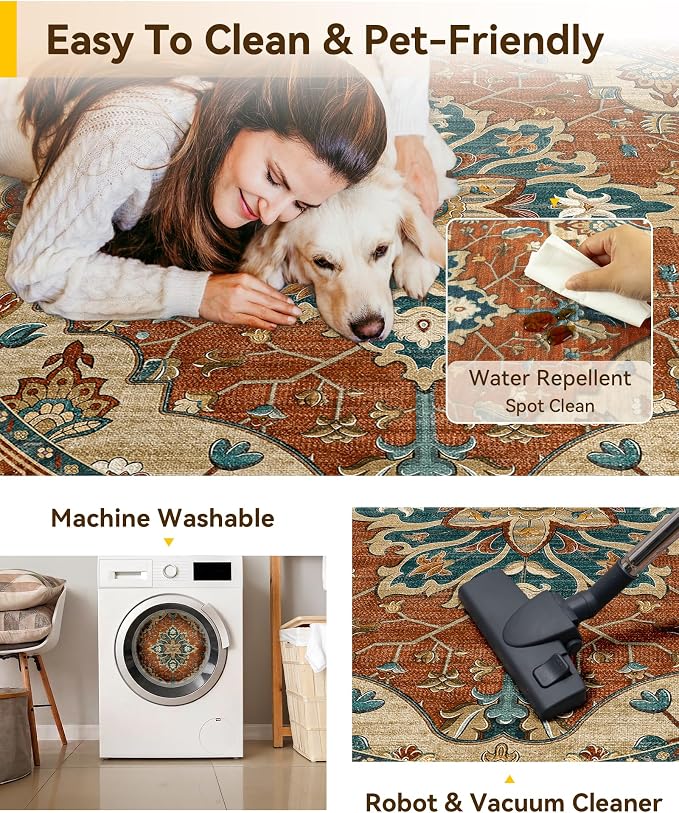 RELEANY Washable Area Rug, Round 5ft, Red/Orange/Blue/Brown | Non-Slip, Water Repellent, Pet Friendly, Easy to Clean, Vintage Floral Boho Decor for Living Room Bedroom Dining Room