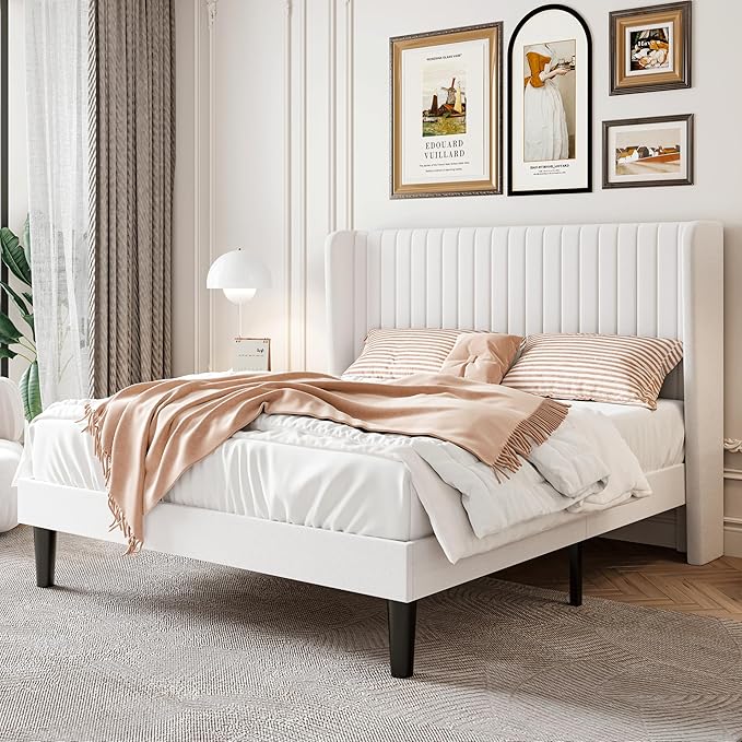 SHA CERLIN Queen Size Velvet Bed Frame, Tufted Wingback Headboard, White | 47'' Modern Vertical Channel Headboard, Upholstered Platform Bed, Wood Slats, No Box Spring Needed, Easy Assembly, Noise Free