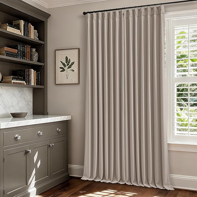 Viral Pleated Blackout Burlap 120 Inch Long Curtains Burlywood Birch | Pinch Pleated, Taupe Linen Curtains, Double Layer 100% Black Out, Soundproof, Neutral Cottagecore Window Drapes 2 Panels