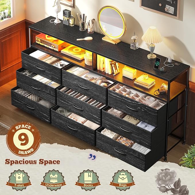 55" W Dresser for Bedroom with 9 Drawers LED, Power Outlets Fits 65" TV | TV Stand for 45, 55, 65 Inch TV Sturdy Long Chest of Drawers with Extra 2 Wooden Shelves Steel Frame Grain Black