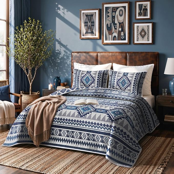 akkialla Reversible Blue Boho King/Cal King Quilt Set, 2-Piece Bohemian Aztec Microfiber Bedspread, Soft Lightweight All-Season Coverlet (1 Quilt, 2 Shams)