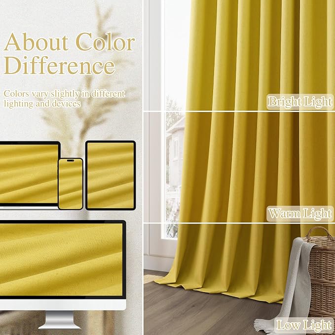 100% Blackout Curtains 120 Inch Length 2 Panels Set for Living Room Bedroom Back Tab Thermal Insulated Black Out Linen Drapes Room Darkening Celery Yellow,52x120