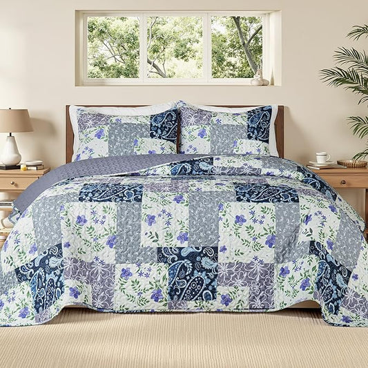 Whale Flotilla Patchwork Quilt King Size, Extra Soft Floral Bedspreads | Paisley Flowers Reversible Lightweight King Quilt Bedding Set for Bed, Printed Coverlets with 2 Pillow Shams for All Seasons