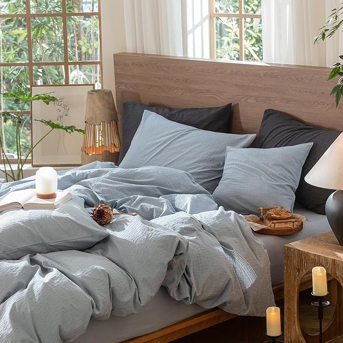 MooMee Wavy Striped Duvet Cover Set 100% Washed Cotton Linen Like Textured Breathable Durable Soft Comfy (Cornflower Blue, Queen 90"x90")