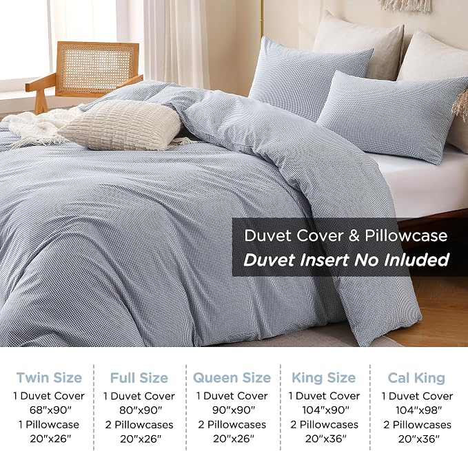 TOCOMOA Mini Gingham Blue Duvet Cover Set Washed Cotton Like Linen, Queen | 100% Washed Cotton Linen-Like Feel Soft, Breathable & Comfy. Lightweight Bedding Set with Zipper & 8 Ties. 3 Pcs, No Insert