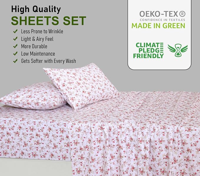 RUVANTI 100% Cotton Percale Sheets King Size, Bouquet | Crisp Cooling, Deep Pocket 16", Soft Breathable & Durable, Hotel-Style, 4 Piece Set