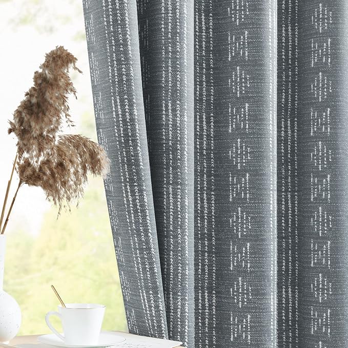 jinchan Boho Blackout Curtains 90 Inches Long for Bedroom Living Room | White on Grey Geometric Printed Grommet Curtains Room Darkening Thermal Insulated Window Treatments 2 Panels
