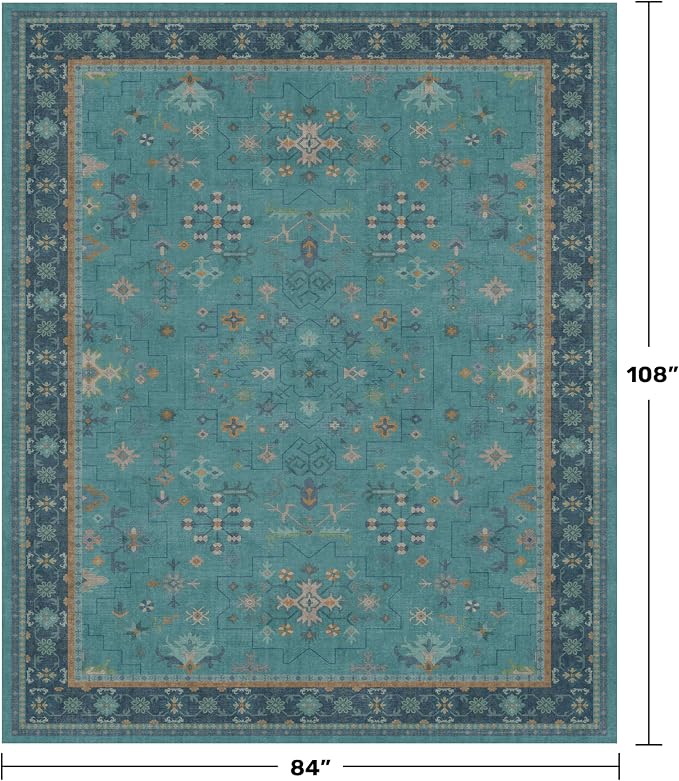 Boho Teal 7x9 Soft Rugs for Living Room, Washable Turquoise Rug for Bedroom Under Bed, Vintage Non Slip Floral Dining Room Carpet, Low Pile Soft Fade Resistant