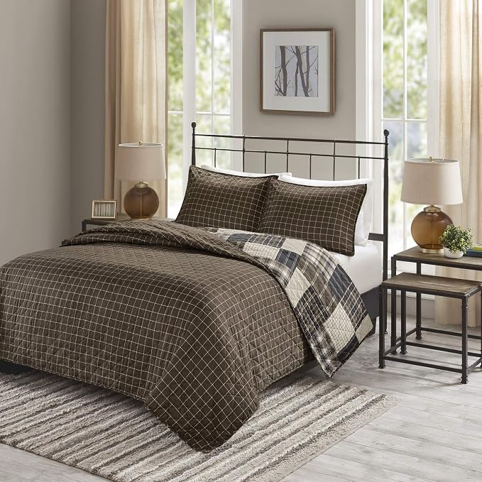 Madison Park Reversible Quilt Cabin Lifestyle Plaid Design - All Season, Breathable Coverlet Bedspread Bedding Set, Matching Shams, Timber Black/Brown King/Cal King(104"x94") 3 Piece | Diamond Quilted, Reversible Coverlet Set, Plush Cotton Filled, Ligh...