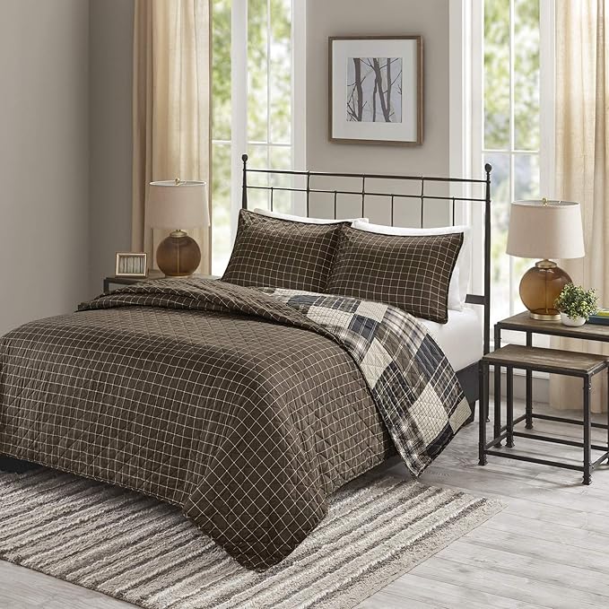 Madison Park Reversible Quilt Cabin Lifestyle Plaid Design - All Season, Breathable Coverlet Bedspread Bedding Set, Matching Shams, Timber Black/Brown Full/Queen(90"x90") 3 Piece | Diamond Quilted, Reversible Coverlet Set, Plush Cotton Filled, Lightwei...