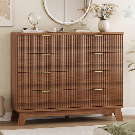 Xixini Fluted Dresser for Bedroom with 8 Drawers, 48" Wide Modern Chest of Drawers with Metal Handle, Wooden Dresser TV Stand, Wood Closet Clothes Storage Organizer for Living Room, Hallway, Walnut