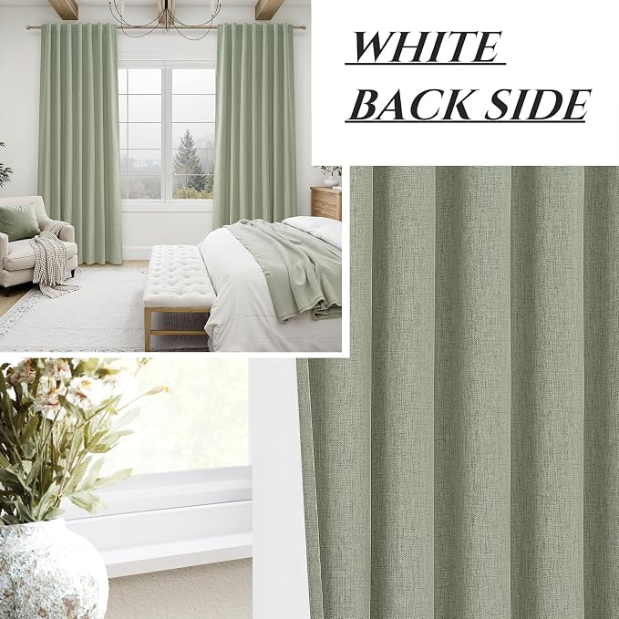 Sage Green Blackout Linen Curtains 120 Inches Extra Long for Living Room Bedroom,Pleated Large Window Track Curtain with Pin Hooks Belt Boho Light Green Drapes Thermal Insulated (50"Wx120"Lx2Panels)