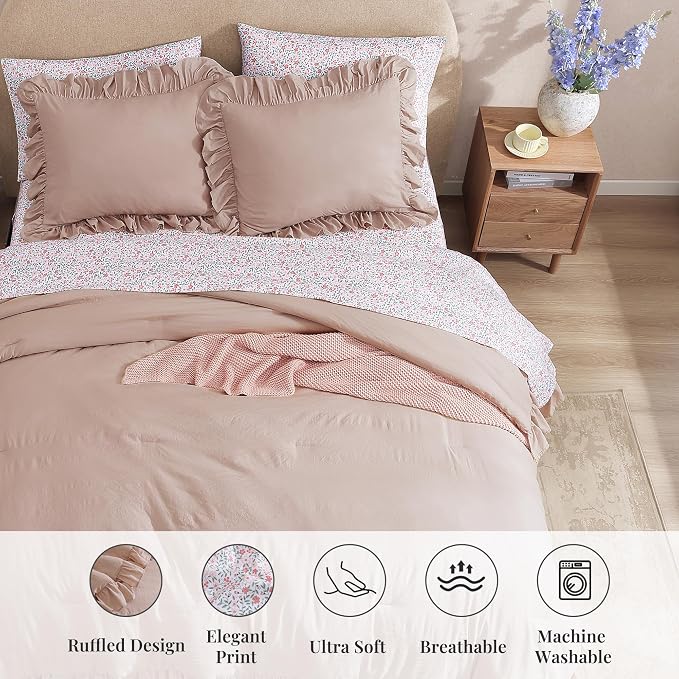 King Size Comforter Set-7 Pieces Ruffle Bedding Floral Sheet | Pink Bed in a Bag, Soft Lightweight All Season Farmhouse King Size Bedding Sets with Floral Sheets, Pillowcases & Shams