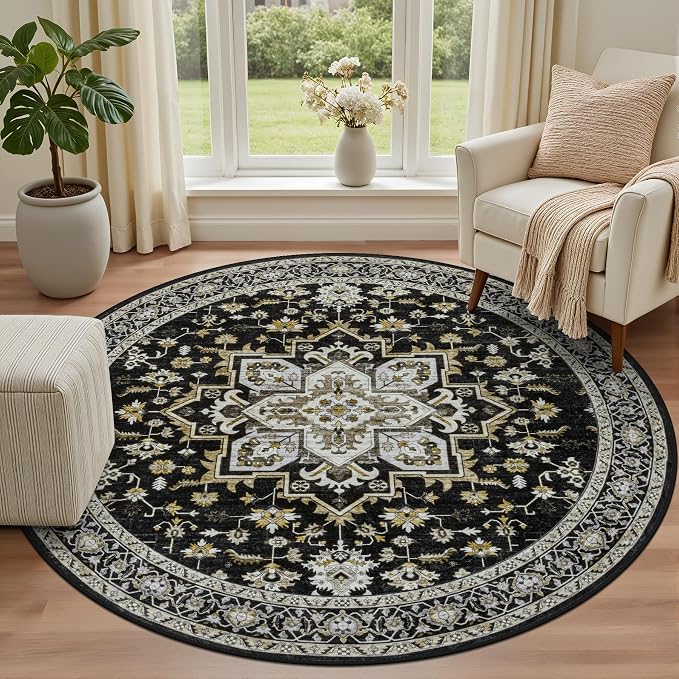 Round Area Rug for Living Room: 6ft Boho Washable Rug Black Gold | Vintage Boho Soft Round Rug Indoor Floor No Slip Carpet Stain Resistant Rugs for Bedroom Dining Room Nursery Home Office