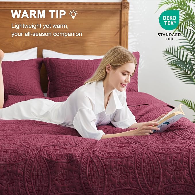 Love's cabin Twin Quilt Set Burgundy Bedspreads Bedding Set - Soft Bed Lightweight Bedspread Comforter - Modern Style Coin Pattern Coverlet for All Season - 2 Pieces (1 Quilt, 1 Pillow Sham)