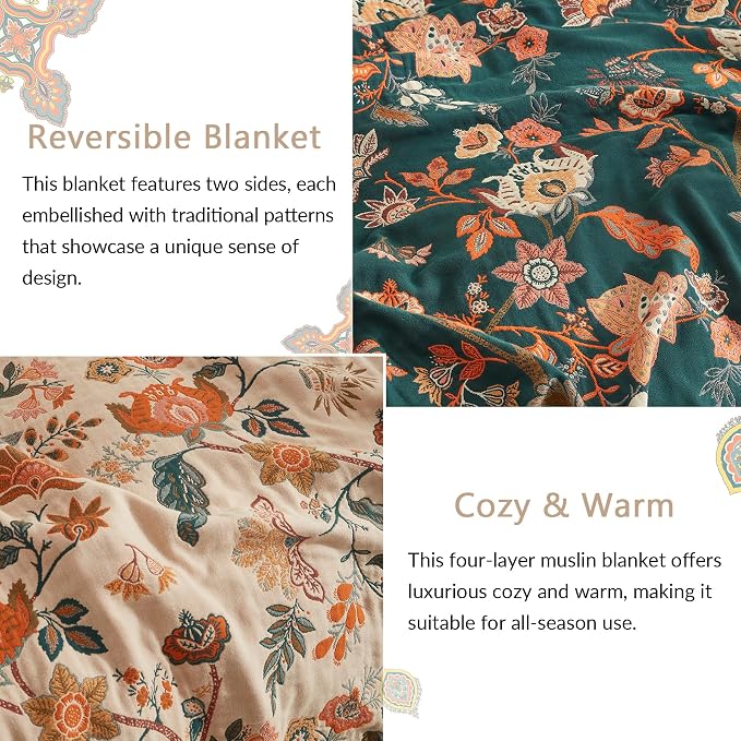 Boho Throw Blanket for Couch Sofa Bed, 100% Cotton Woven Quilt with Tassel 50”x60”, Super Soft Muslin Blanket with Floral Printed, Decorative Reversible Bed Blanket/Cover for All Seasons