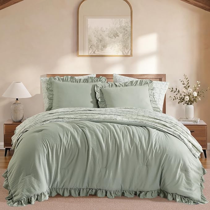 Full Size Comforter Sets-7 Pieces Ruffle Bedding Floral Sheet | Sage Vine Bed in a Bag, Soft Lightweight All Season Farmhouse Full Size Bedding Sets with Floral Sheets, Pillowcases & Shams