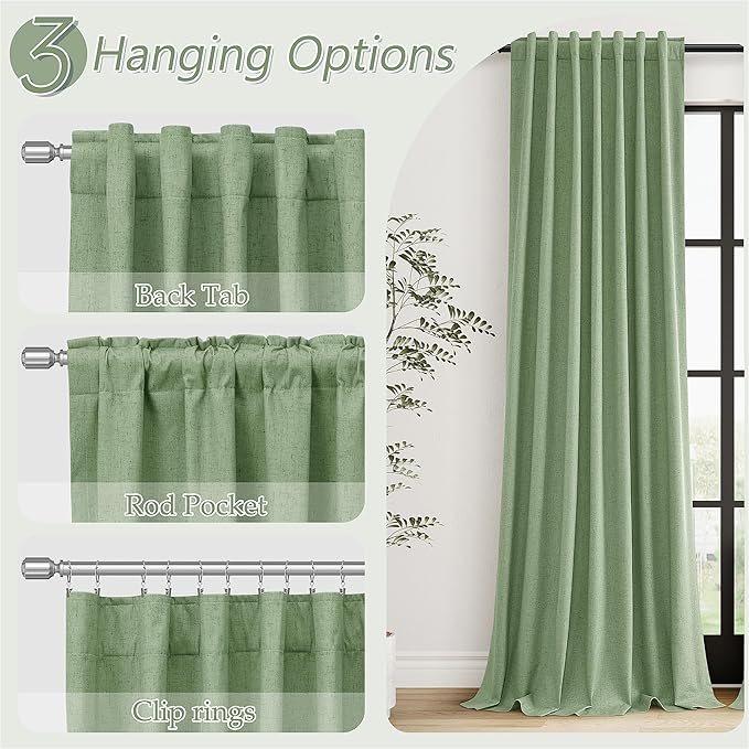 Blackout Curtains 80 Inch Length 2 Panels Set for Living Room Bedroom Back Tab Thermal Insulated 100% Black Out Linen Drapes Room Darkening Window Curtains 80 Inches Long,Light Sage