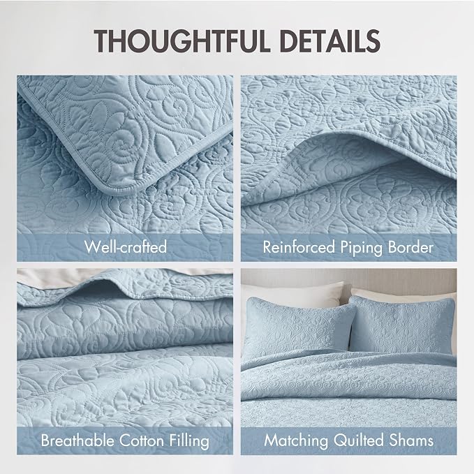 Madison Park Luxurious Cotton Damask Quilt Set, 2PC Twin/Twin XL Bed Set | All Season, Lightweight Stitching Coverlet Bedspread Bedding Stitching with Shams, Blue